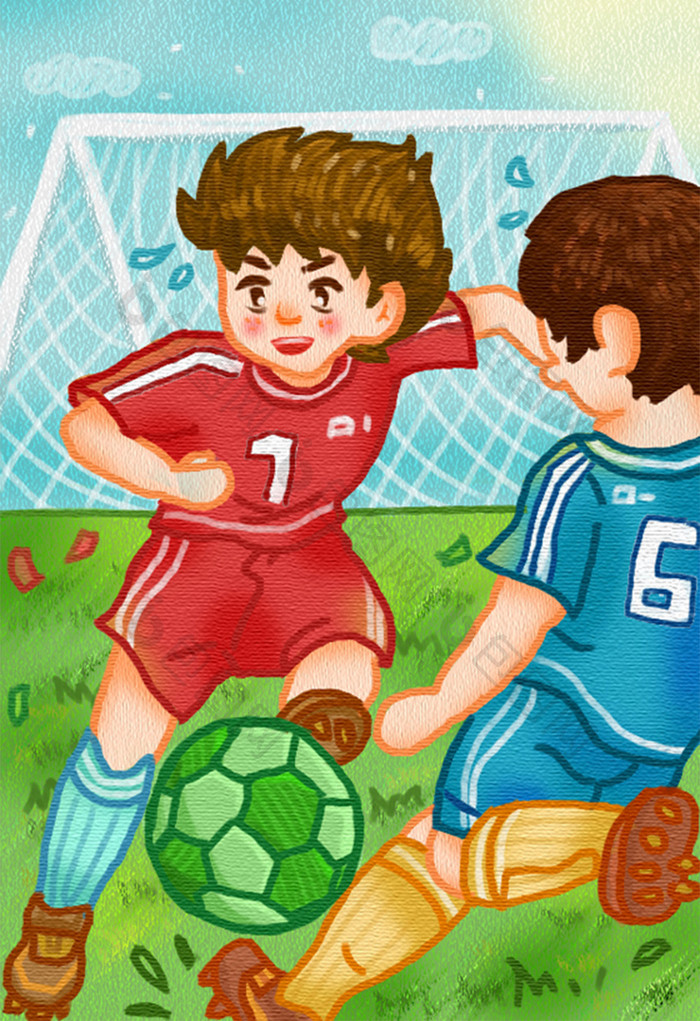 卡通漫画清新夏日运动双人踢足球插画