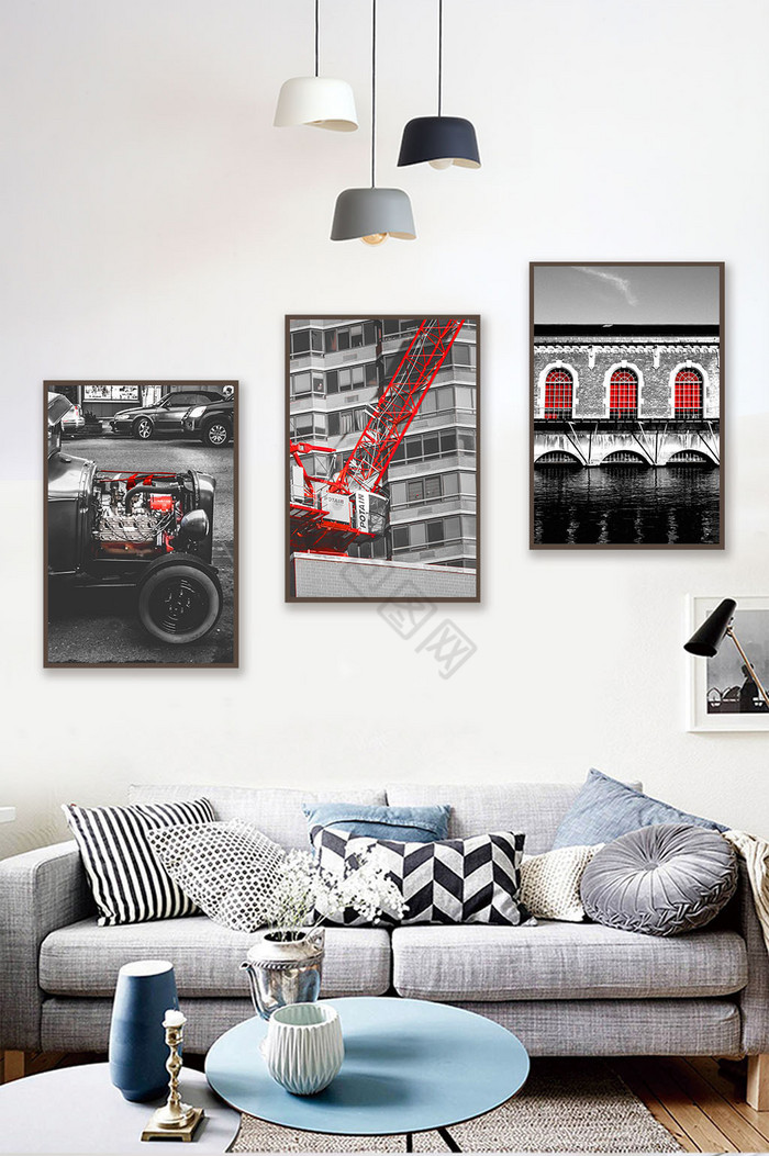 北欧黑白红色铁塔自行车简约风景装饰画图片