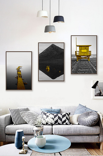 风景黑白黄色经典照片欧式三联装饰画图片