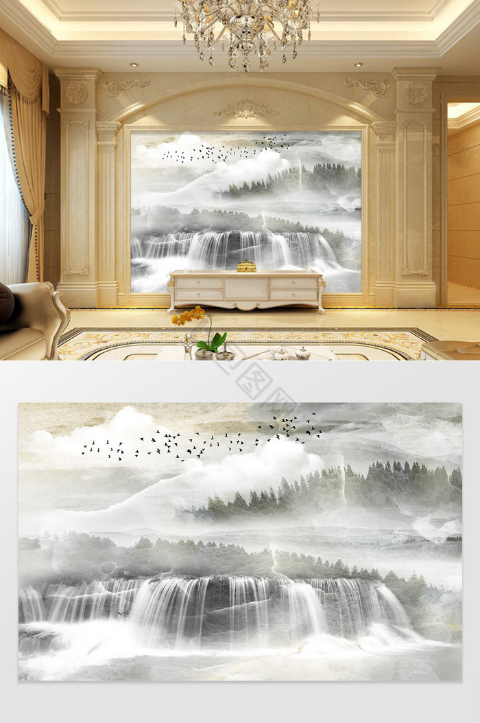 大理石纹背景墙高山流水图片