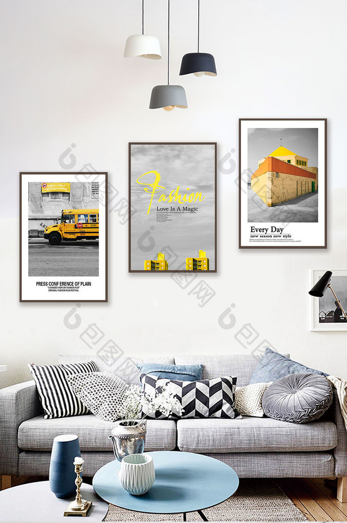 北欧风黑白黄色汽车建筑字母三联装饰画