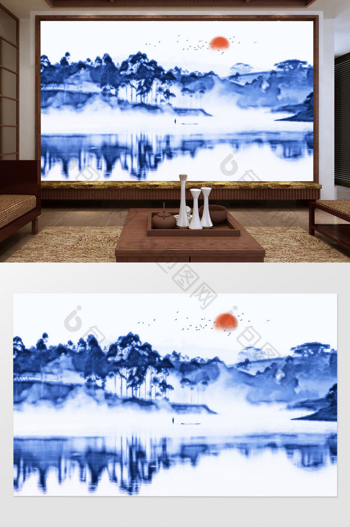 新中式手绘水墨山水电视背景墙定制