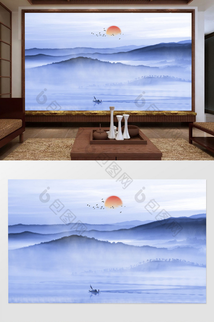 新中式唯美手绘山水电视背景墙定制