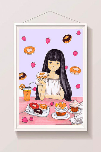 小清新手绘美女甜甜圈插画图片