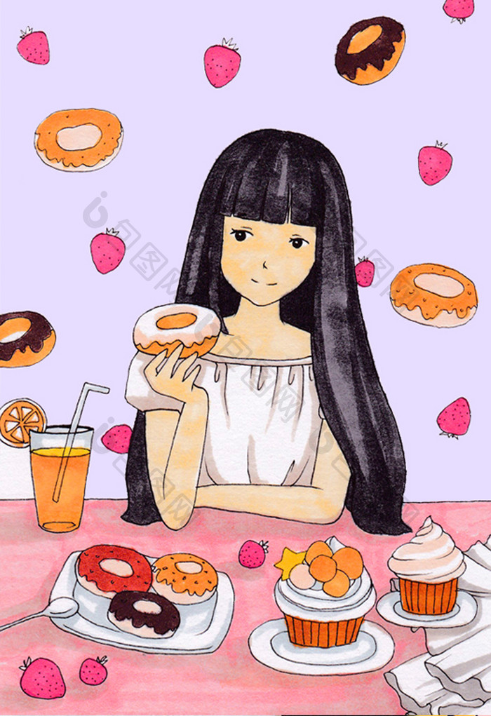 小清新手绘美女甜甜圈插画