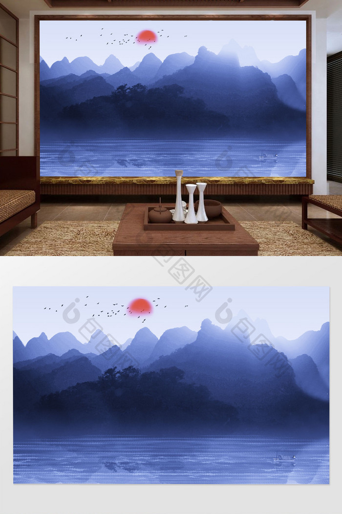 新中式手绘山水电视背景墙定制