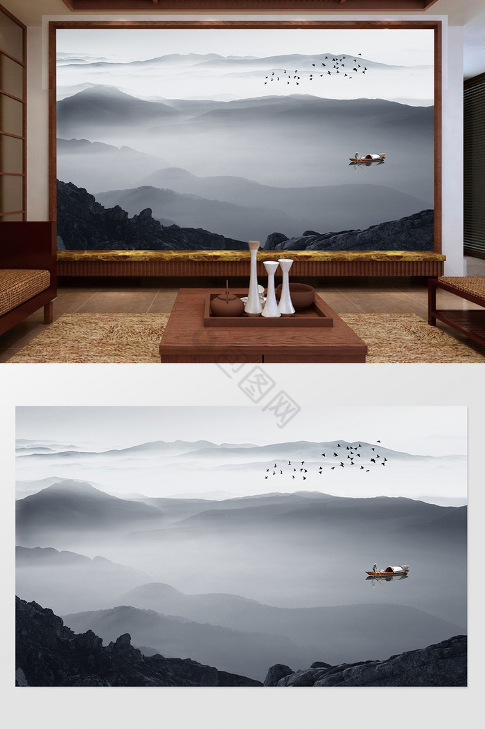 新中式山水意境背景墙图片