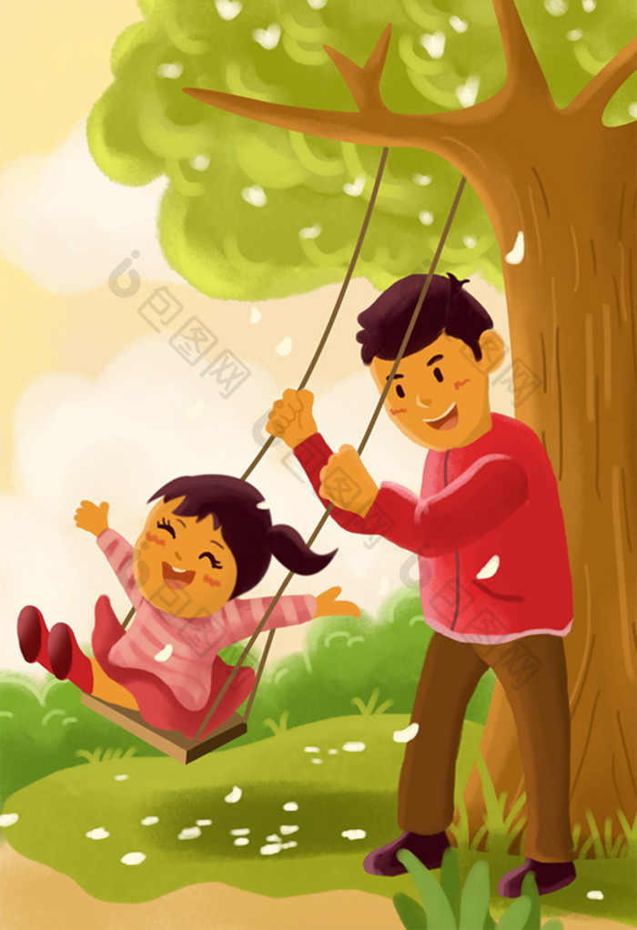 温馨暖色调荡秋千父女父亲节唯美插画