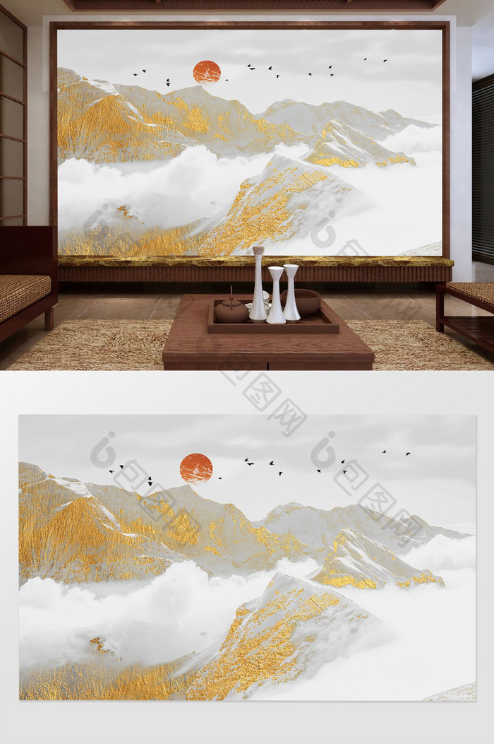 新中式金色雪山飞鸟电视沙发背景墙定制