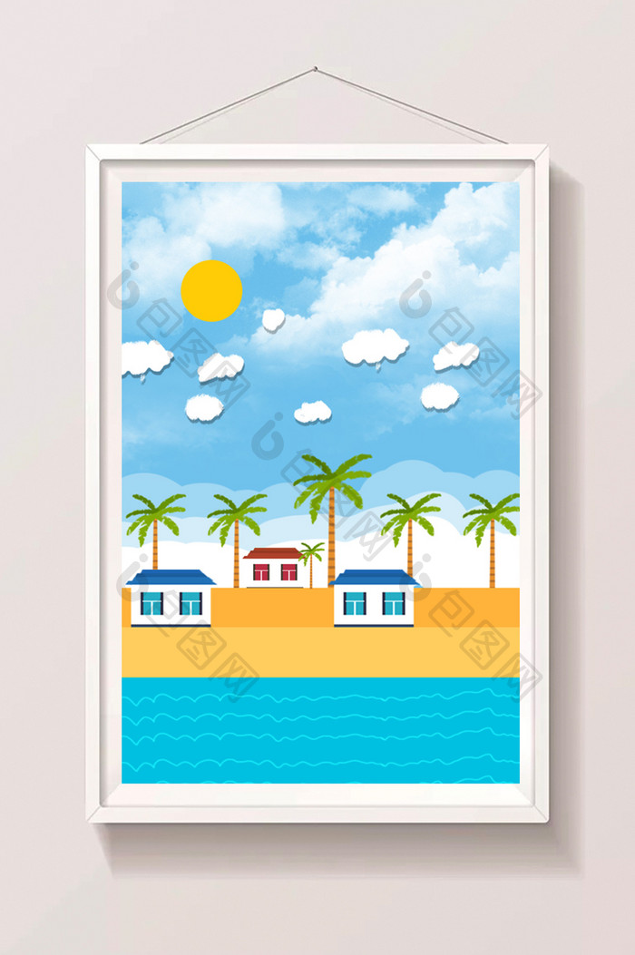 唯美小清新夏日海边椰子树和房子风光风景