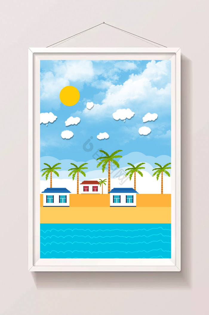 夏日海边椰子树和房子风光风景图片