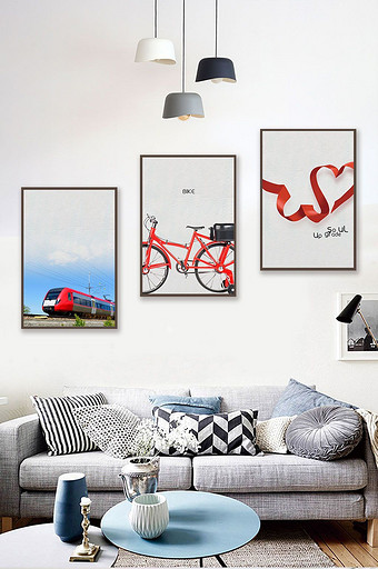 风景黑白红色复古风自行车火车三联装饰画图片