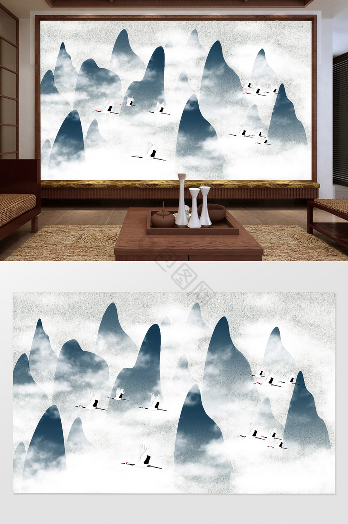 中式远山手绘意境山水电视背景墙图片