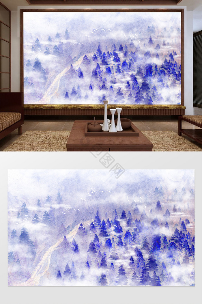 中式山林树林山水意境电视背景墙图片