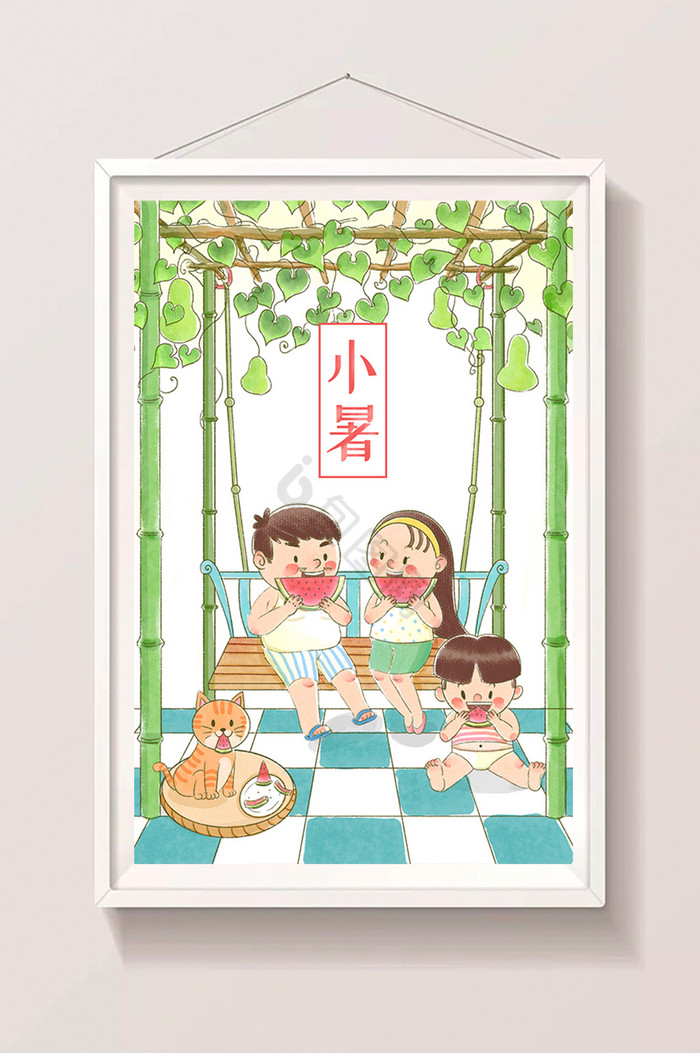 小暑夏至节气清凉避暑吃西瓜一家三口插画图片