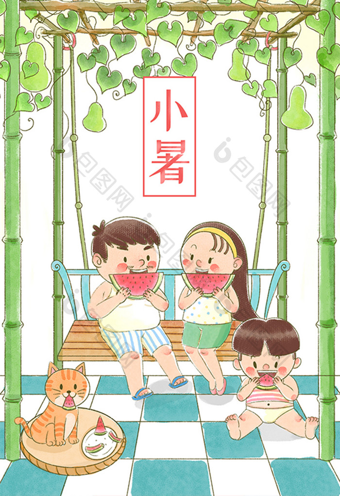 小暑夏至节气清凉避暑吃西瓜一家三口插画