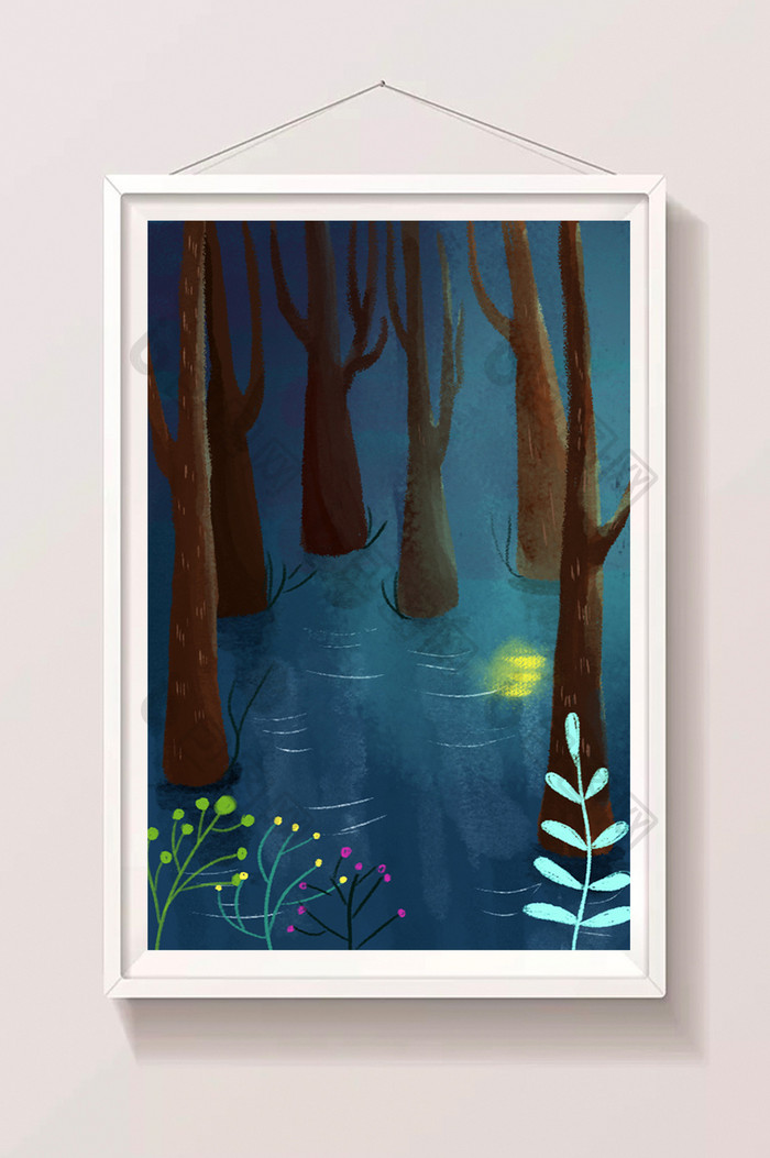 森林湖面夜色背景插图