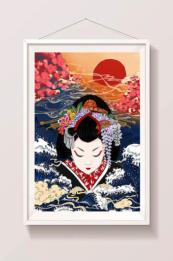 日本浮世绘风格樱花艺伎插画图片