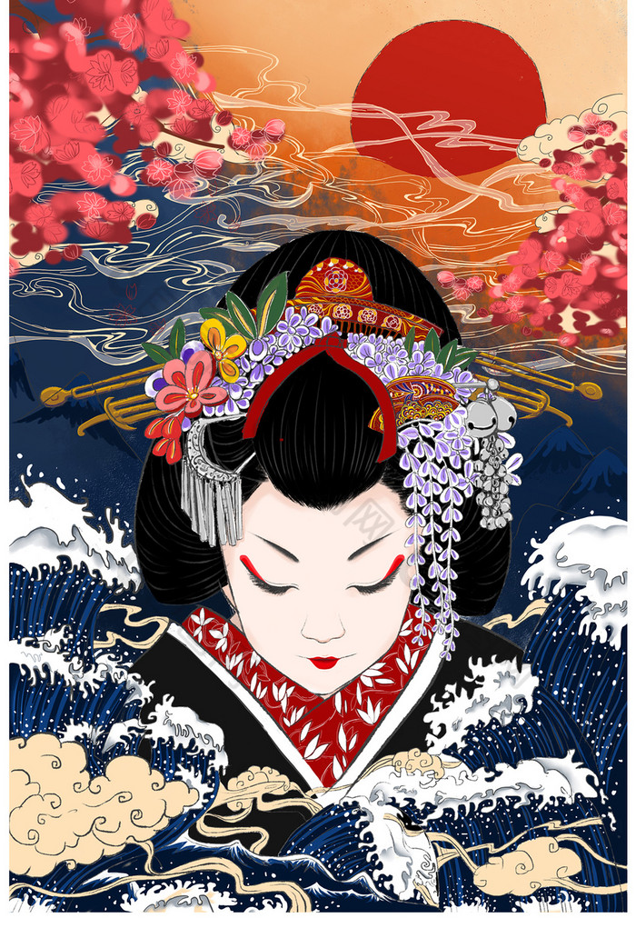 日本浮世绘樱花艺伎插画图片