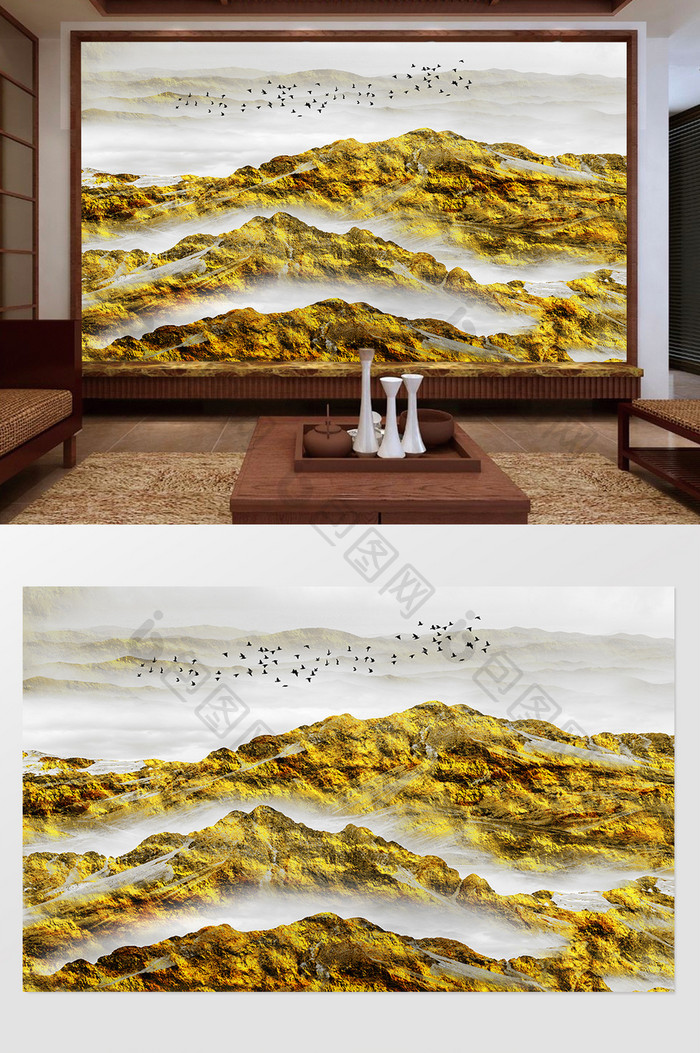 新中式金色风景山水画