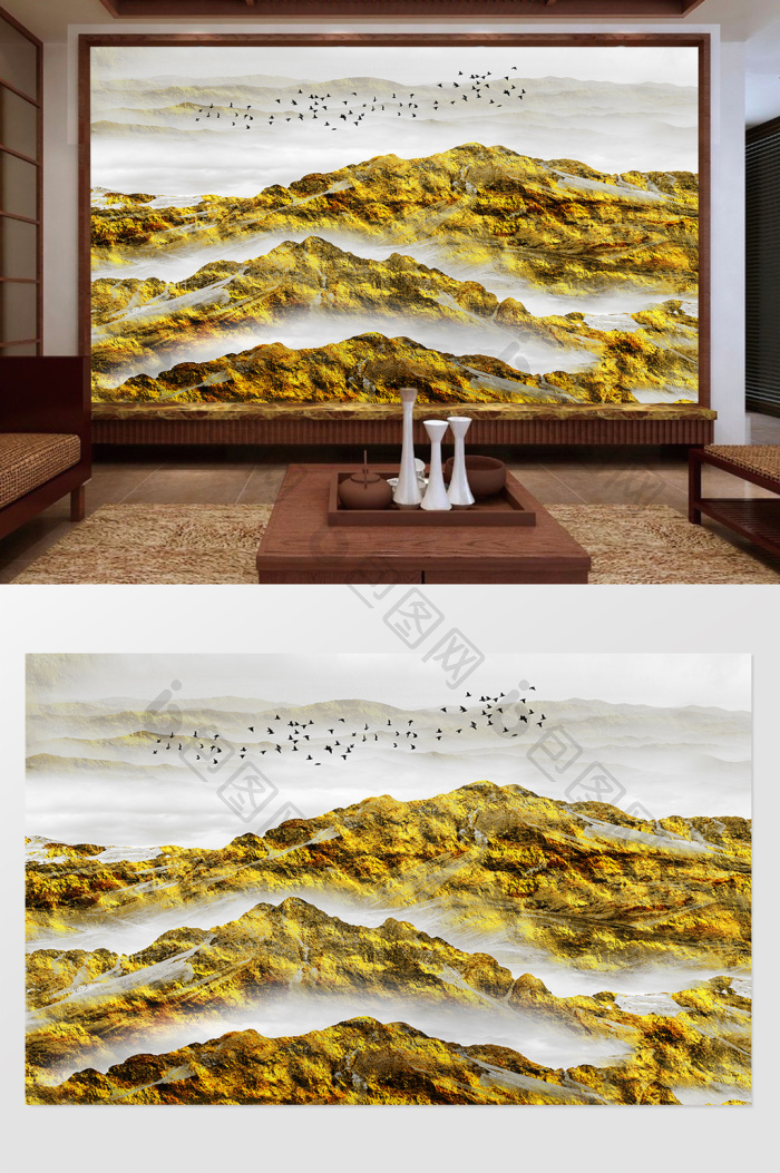 【新中式金色风景山水画】图片下载-包图网