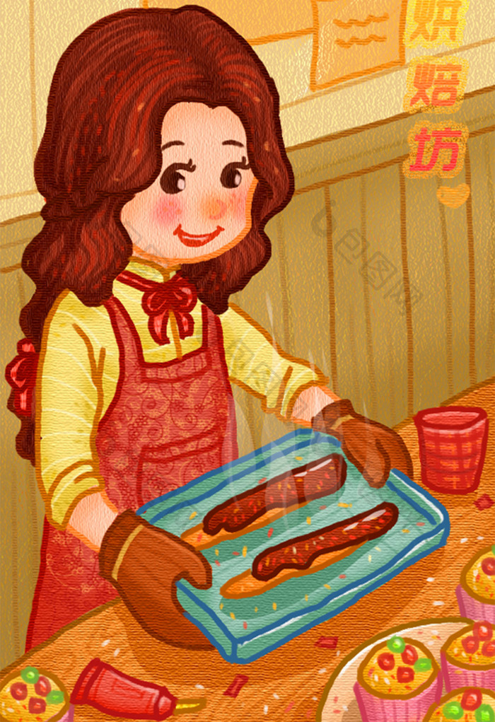 卡通可爱烘焙坊女孩制作甜品食物蛋糕插画