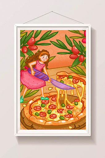 暖色可爱清新卡通美食美味芝士披萨人物插画图片