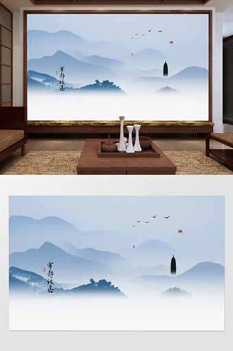 新中式意境山水宁静致远电视背景墙定制图片