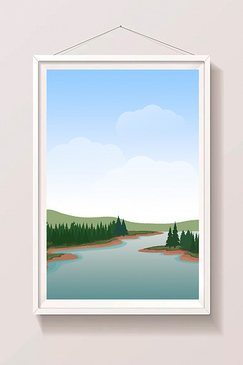 手绘湖边森林插画背景素材图片