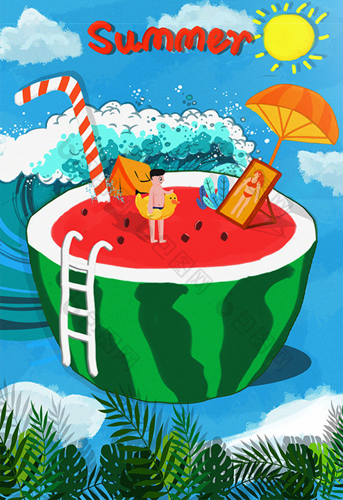 卡通清新创意夏季西瓜泳池插画