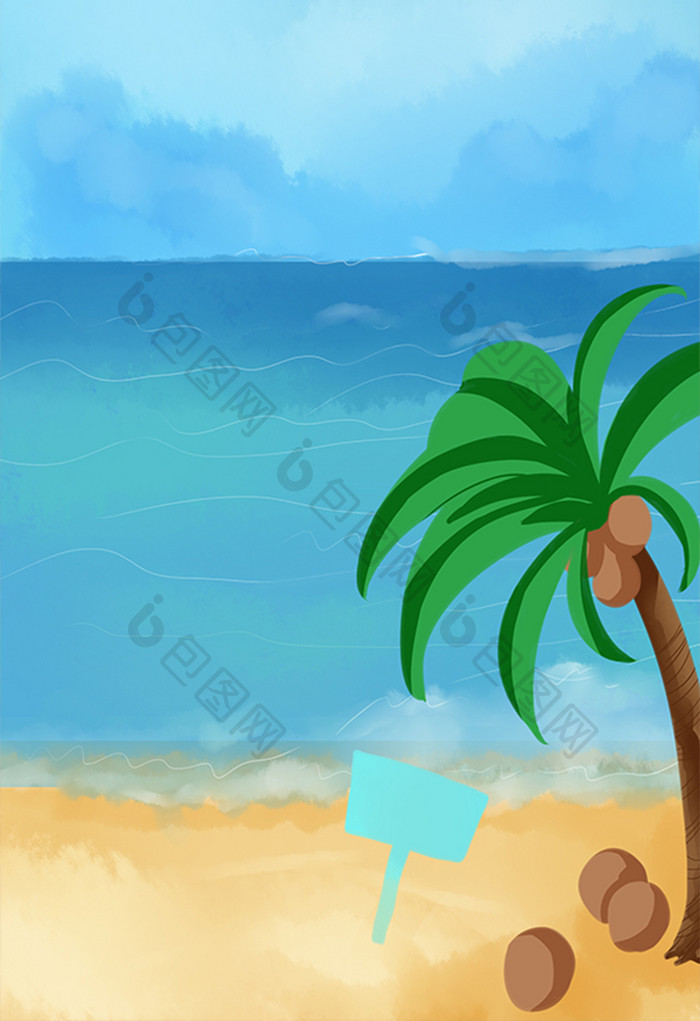 清新蓝色大海椰树场景插画