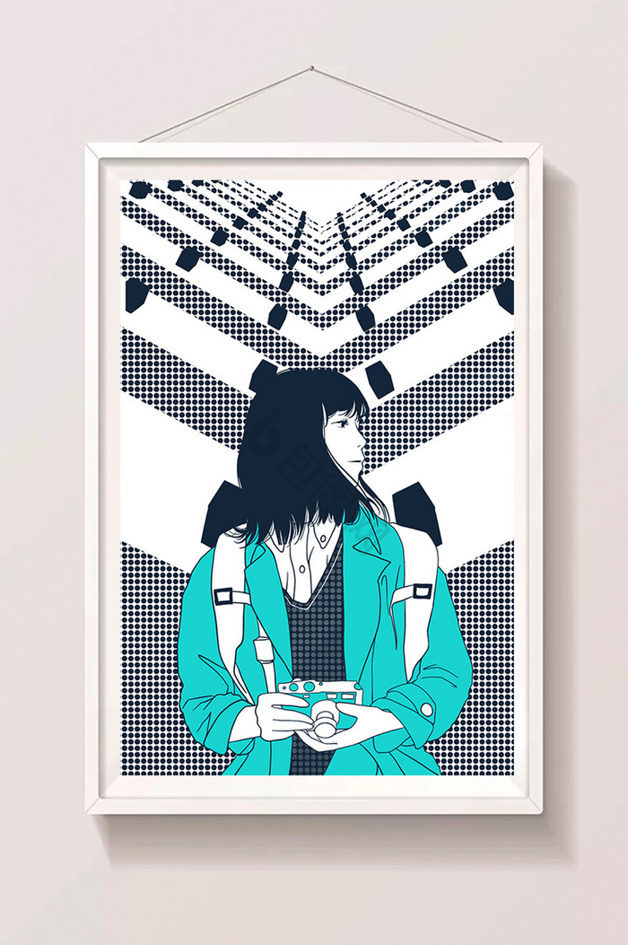 描线风拿相机女孩插画