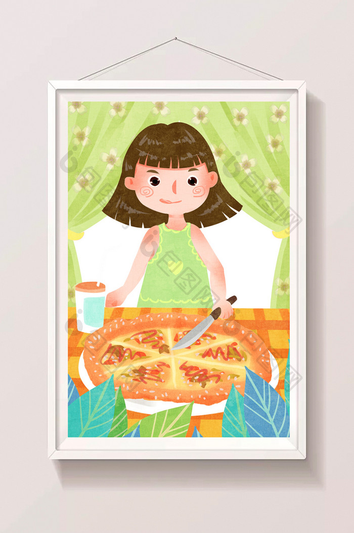 清新可爱女孩吃披萨美食插画