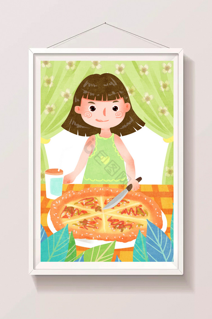 女孩吃披萨插画图片