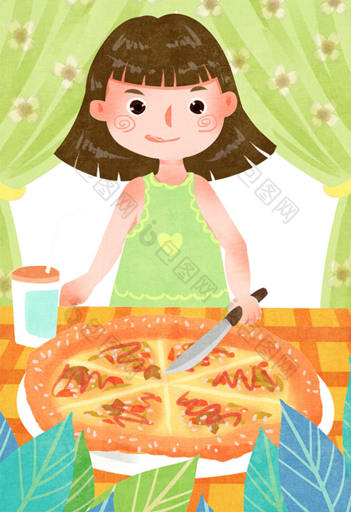 清新可爱女孩吃披萨美食插画