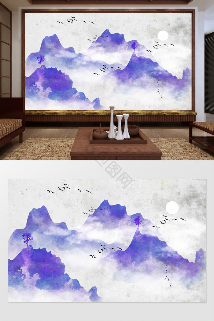 手绘水彩水墨意境山水电视背景墙图片
