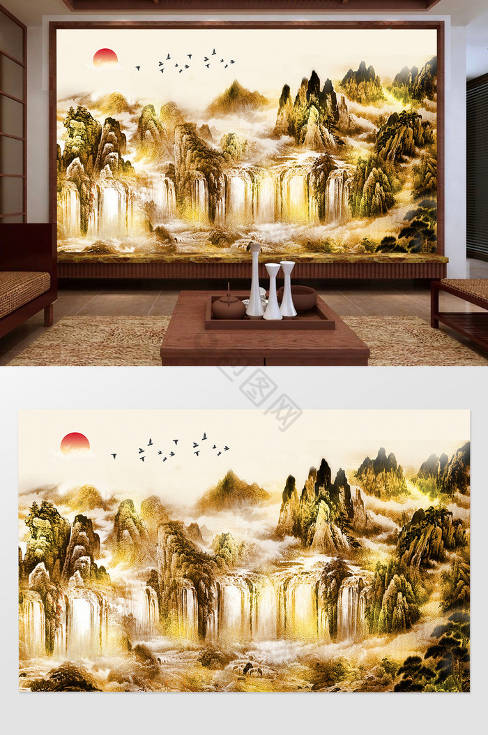新中式金箔山水风景意境背景墙图片