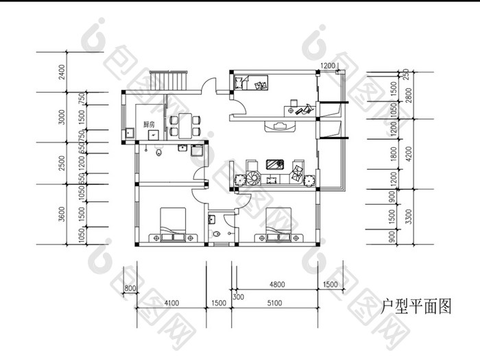 CAD户型图两室一厅