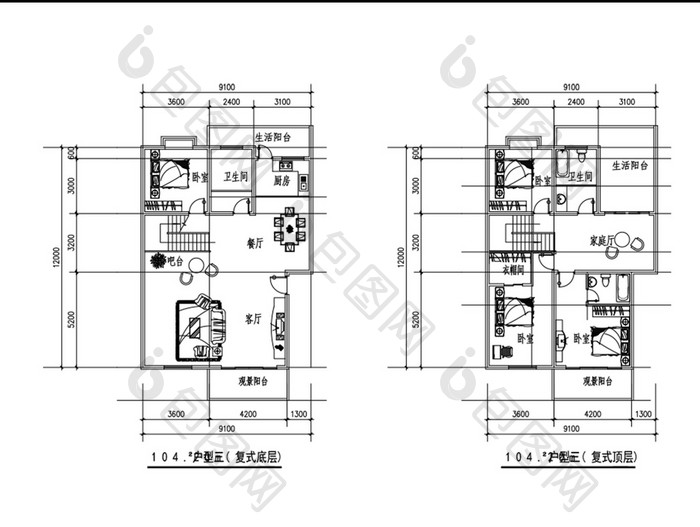 104平米复式CAD图纸
