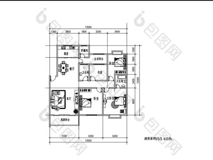 三室两厅CAD户型图纸153平米