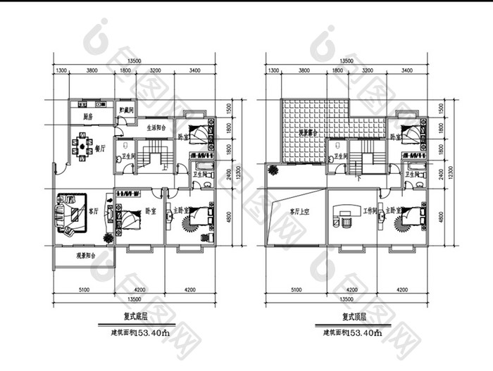 113平米复式CAD户型图纸