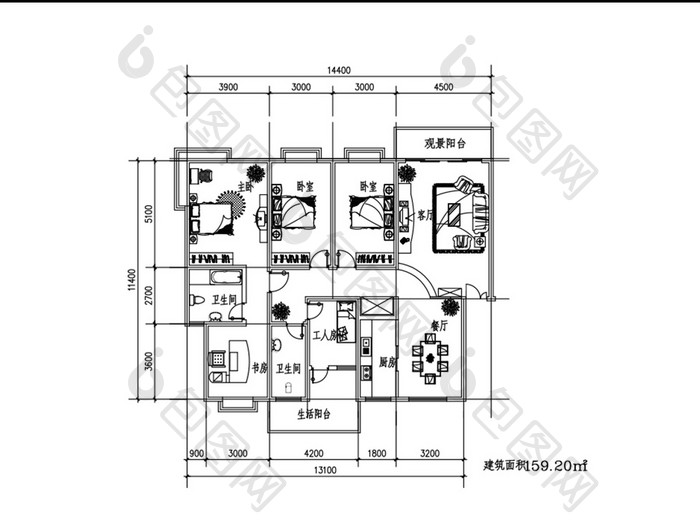 三室两厅两卫CAD户型图纸