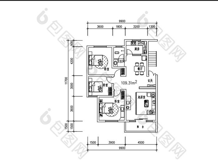 大户型CAD户型图三室两厅