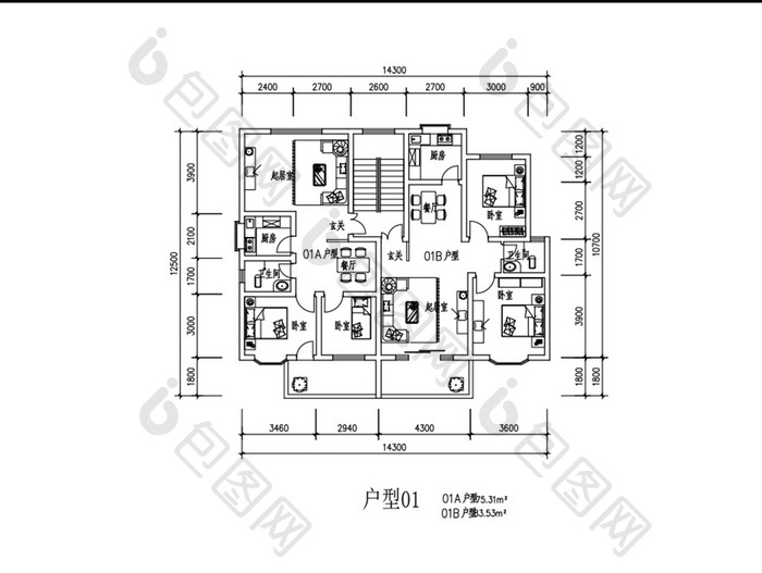 两室一厅一梯两户CAD户型图