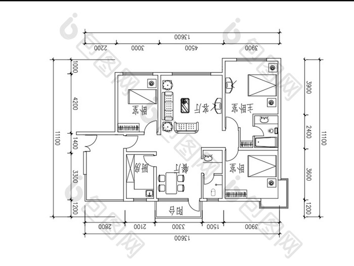 三室两厅大户型CAD户型图