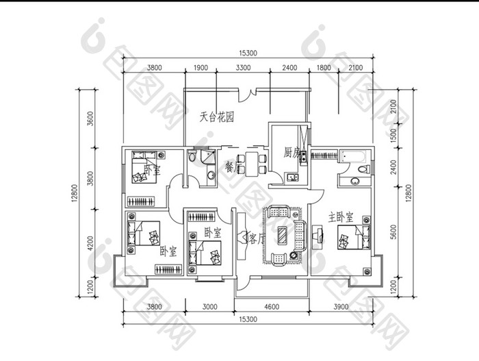 四室两厅大户型CAD户型图