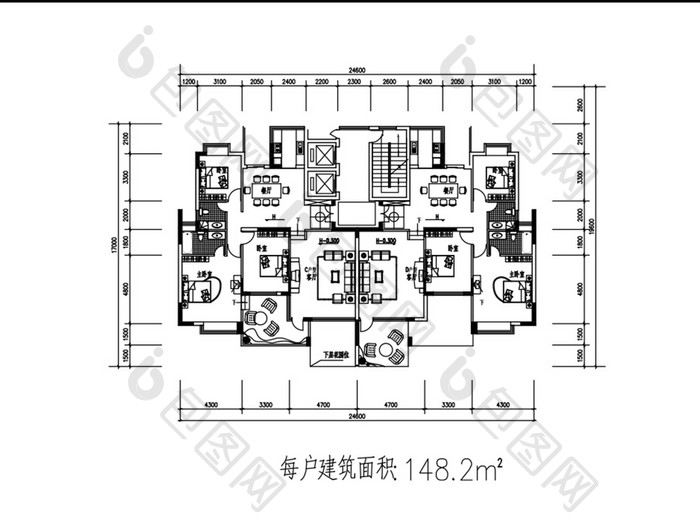 148米三室一厅CAD户型图