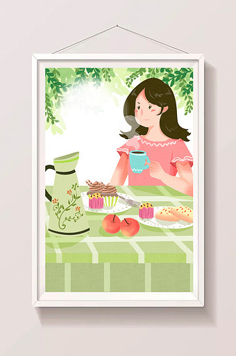 清新唯美女性吃点心下午茶惬意插画图片