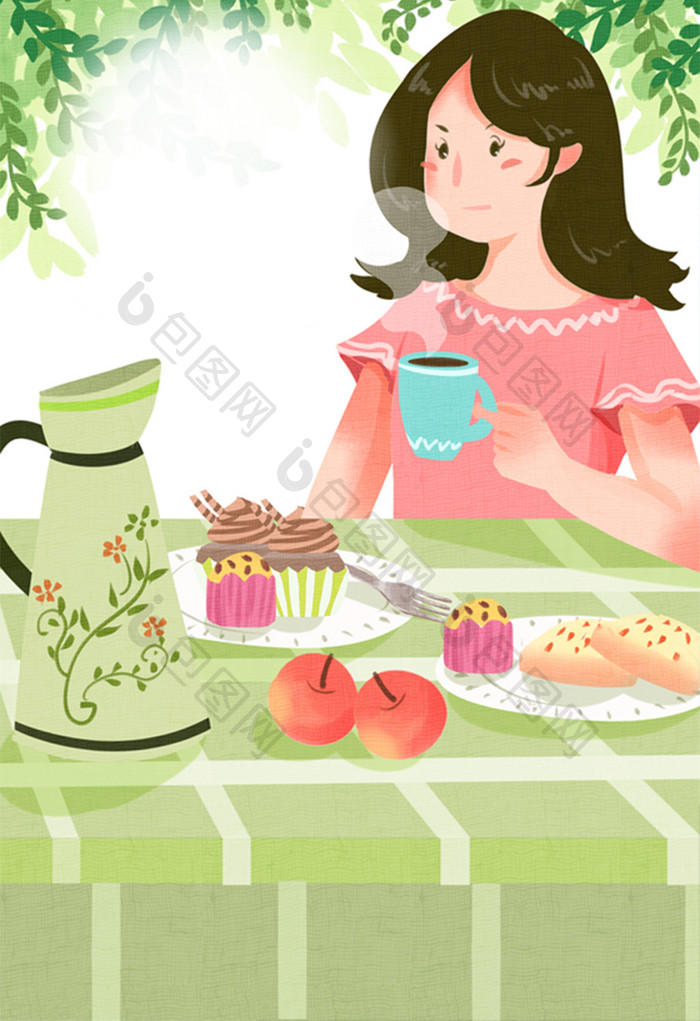清新唯美女性吃点心下午茶惬意插画