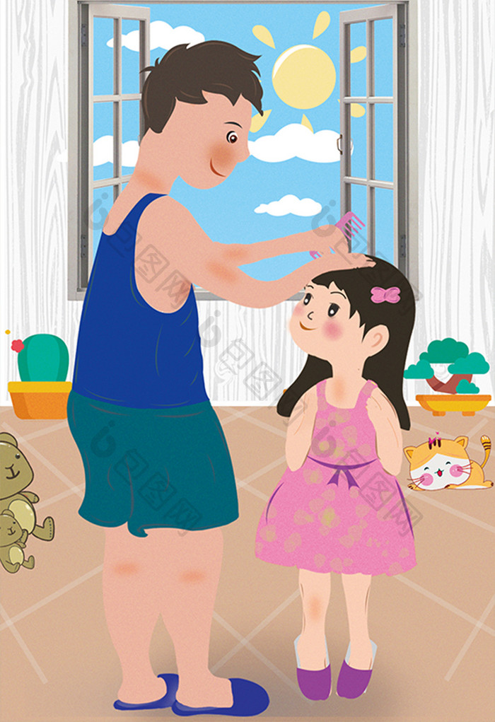 清新卡通父亲节父女梳头发系列插画设计